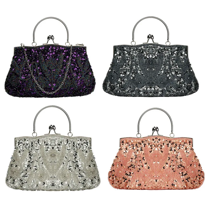 Vintage Beaded Sequin Evening Bag Women Clutches 2024 Metal Handle Party Handbags With Tiny Glass Beads Shoulder Messenger Bags