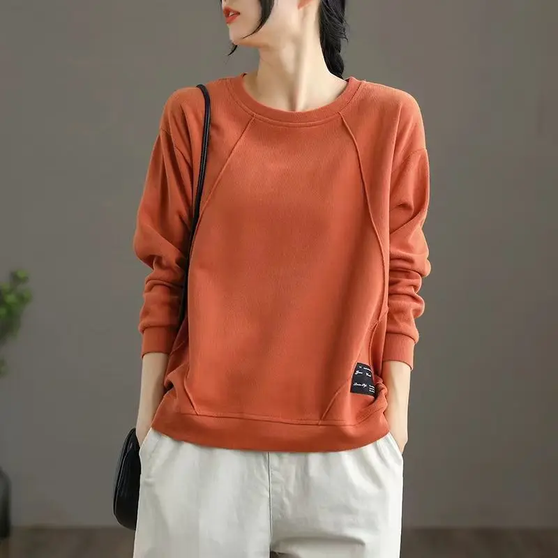 

Cotton Female Sweatshirt Ladies Casual Round Collar Long Sleeve Top Tee Shirt Loose Pullovers Solid Color Vintage Clothing 2023