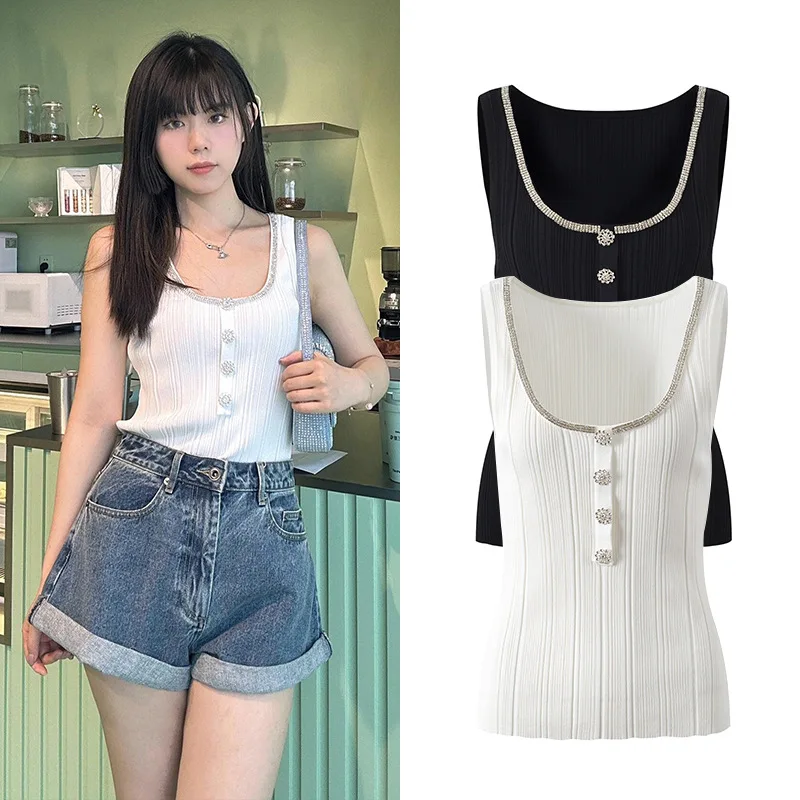 

Ele Faionable Versatile Luxury Diamond Decorated Vest Top Summer Slim Fit Ice Silk Outerwear Strapl Women's Clo...