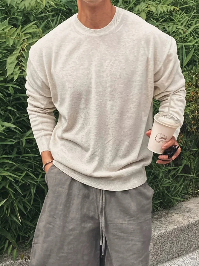 

Slim Fit Long Sve Knitted Sweater Thin Core Yarn American Sle Men's Faionable Base Layer Wool irt Casual round Ne