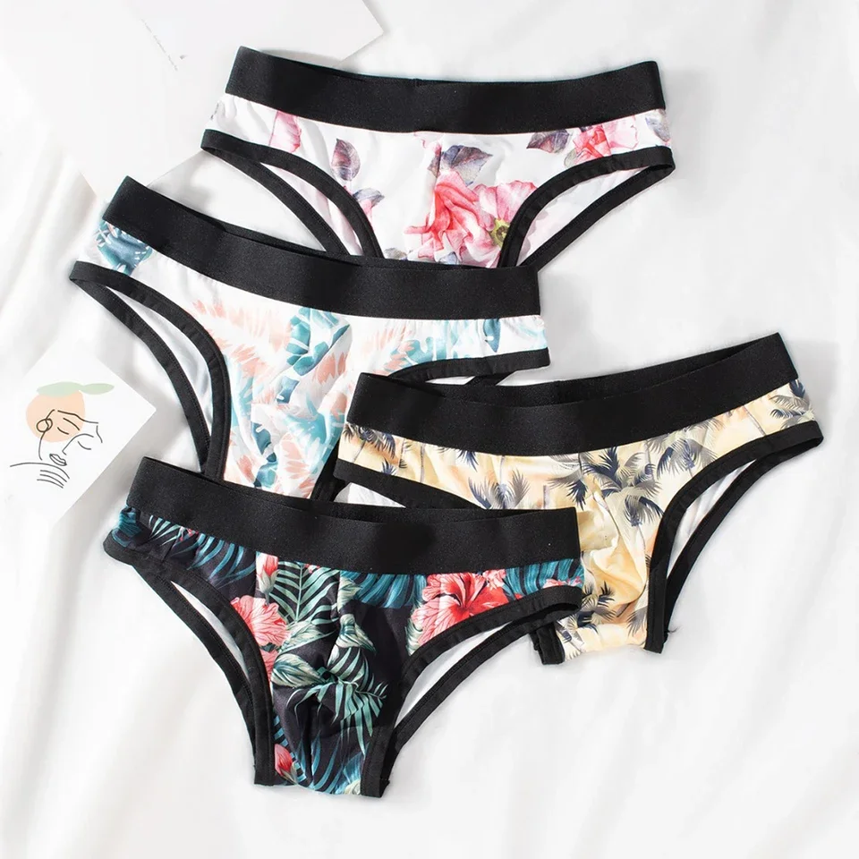 1pc Men Ice Silk Print Briefs Thin Breathable U Shape Pouch Underwear Underpants L-3XL Large Size Fashion Panties Briefs