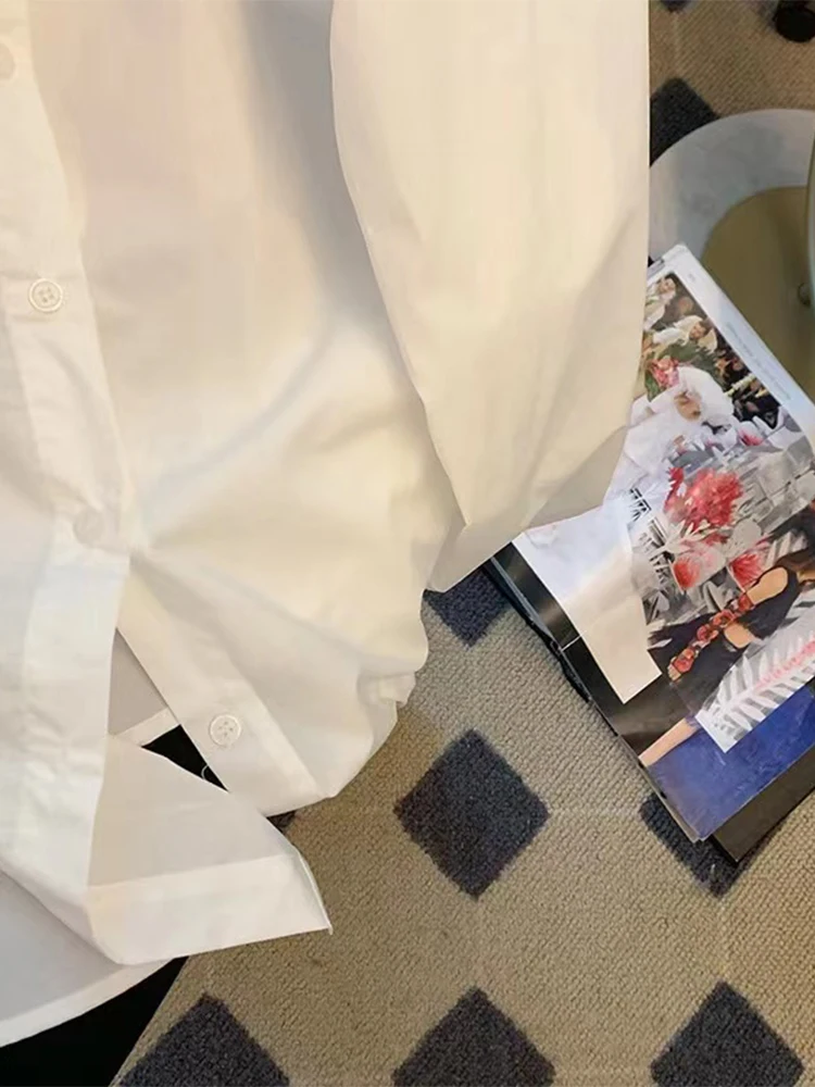 Chemises et chemisiers blancs à col polo pour femmes, esthétique des années 90, vintage, coréen, élégant, Y2K, chemise imprimée à manches longues, vêtements, 2000, 2024