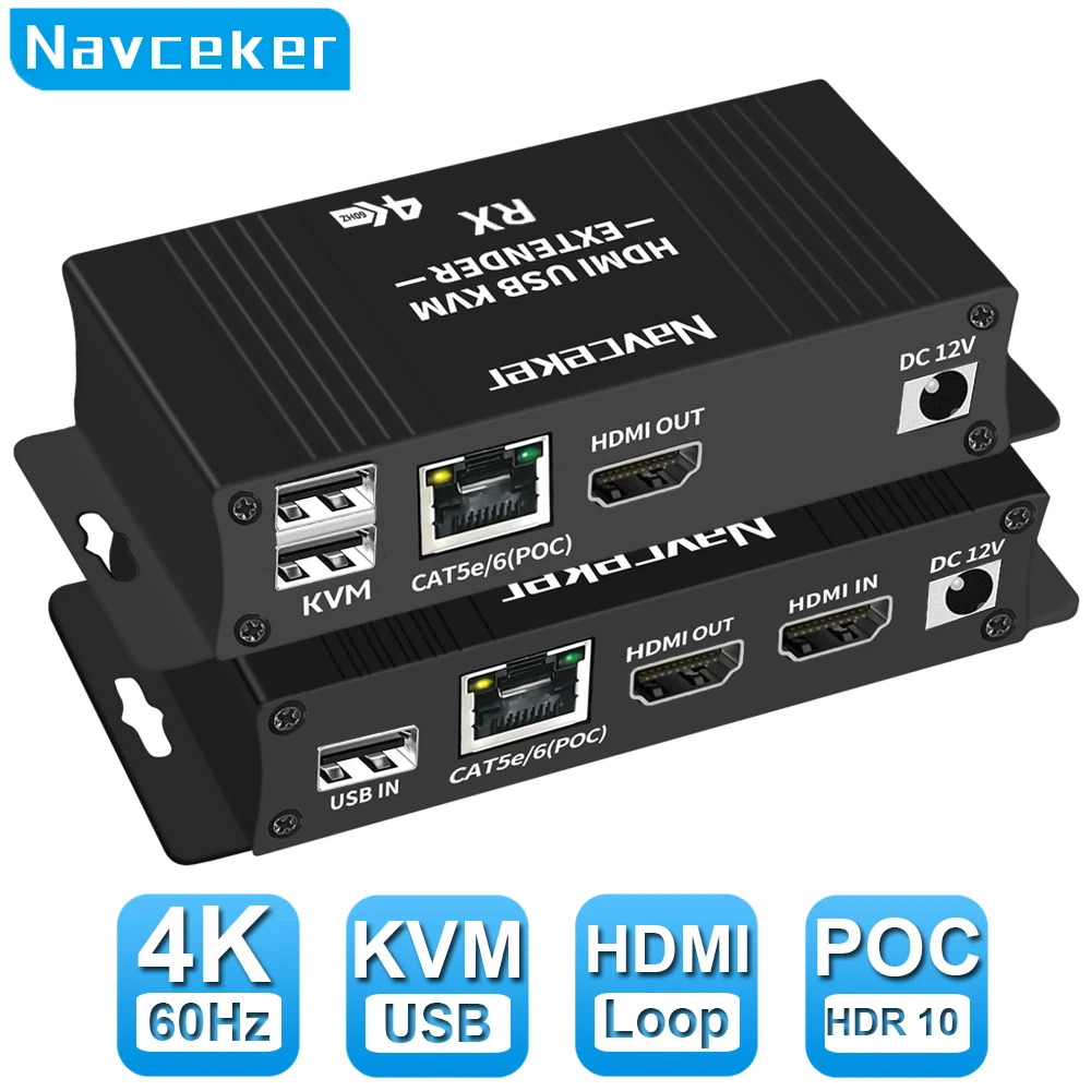 Navceker 4K 60Hz HDMI USB KVM Extender over Ethernet CAT6 RJ45 1080P 60 Meters Extender KVM Splitter HDMI for Mouse Keyboard PC