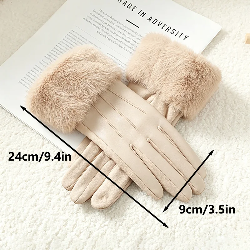 Winter Luxus frauen PU Leder Handschuhe Handgelenk Weiche Faux Pelz Trim Manschette Mode Elegante Party Warm Touch Screen Stick radfahren – Detail 1
