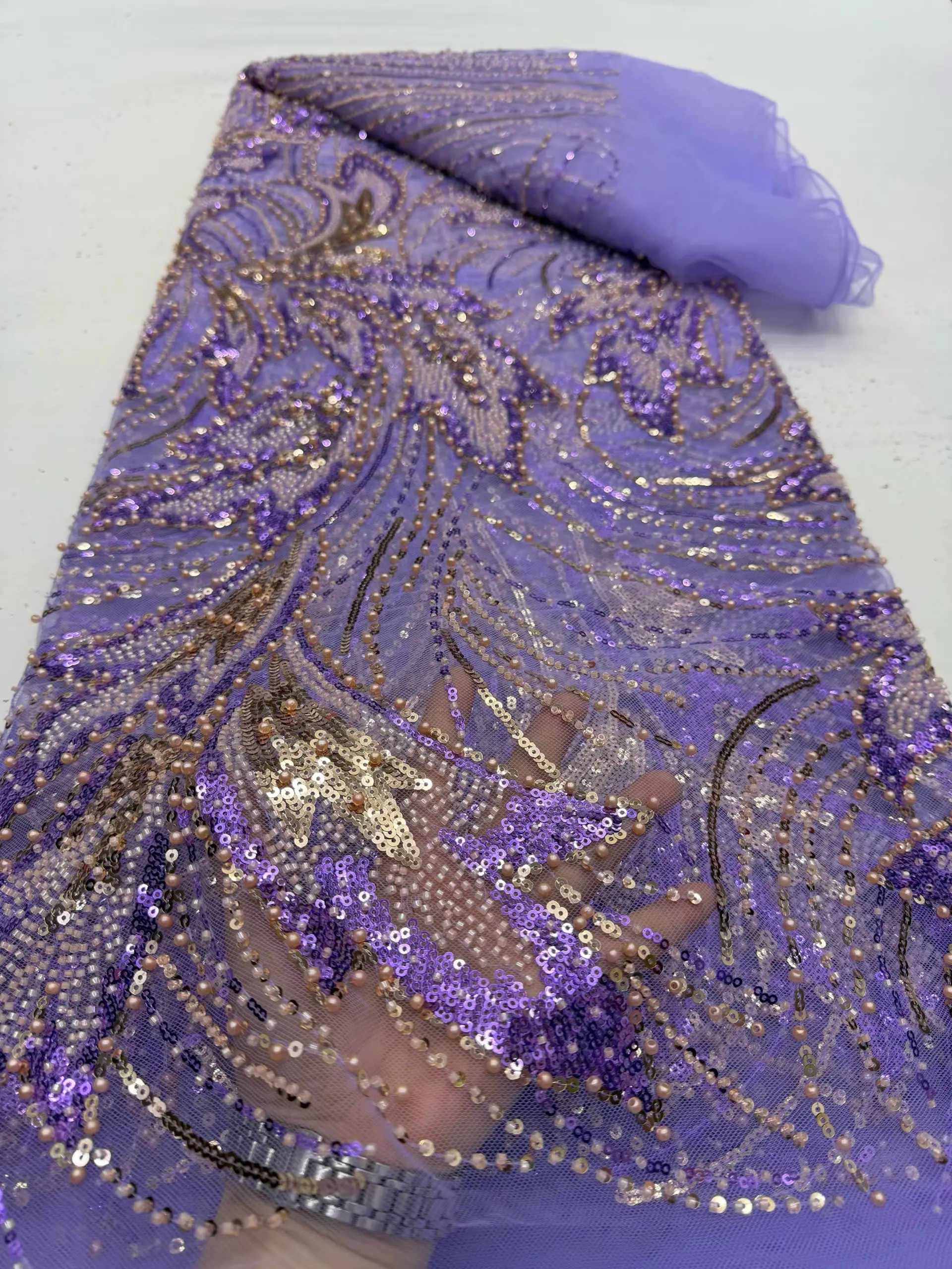 

2026 High-Quality African Nigerian Tulle Lace Fabric Sequins Embroidery French Guipure Wedding Party Dress Beaded 5 Yards