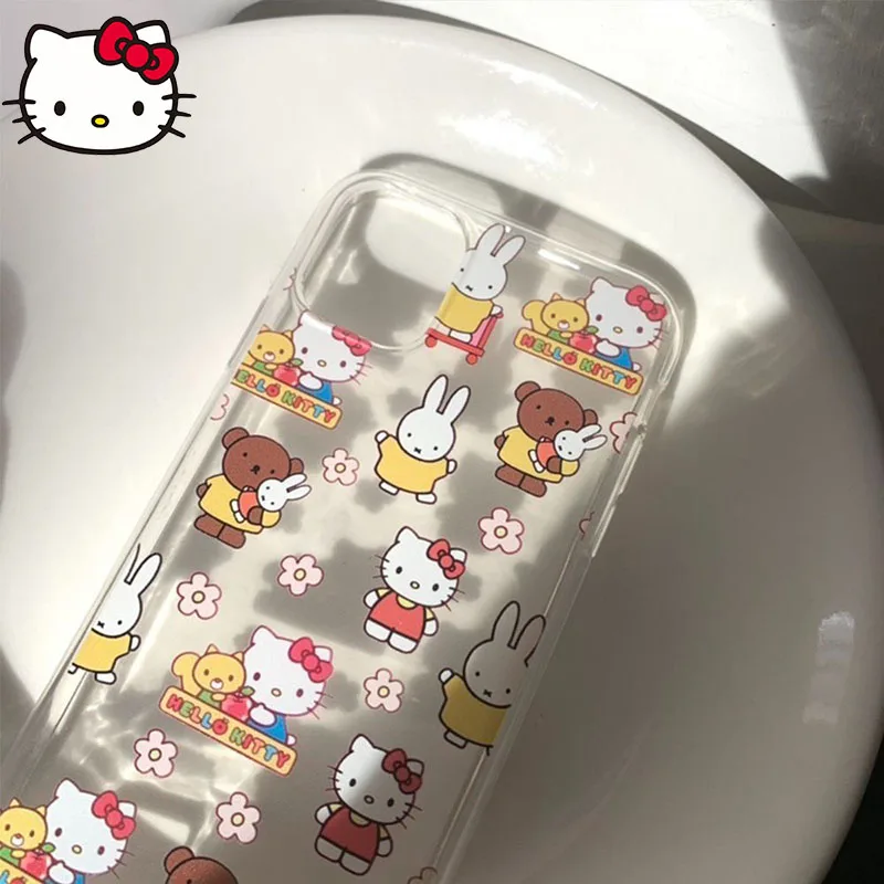 Miniso Cute Rabbit Hello Kitty 14Pro IPhone15 Case Kawaii 12 13 Cartoon Xsmax Anti Slip Xr Silica Gel 11 Soft Shell Girl Gift