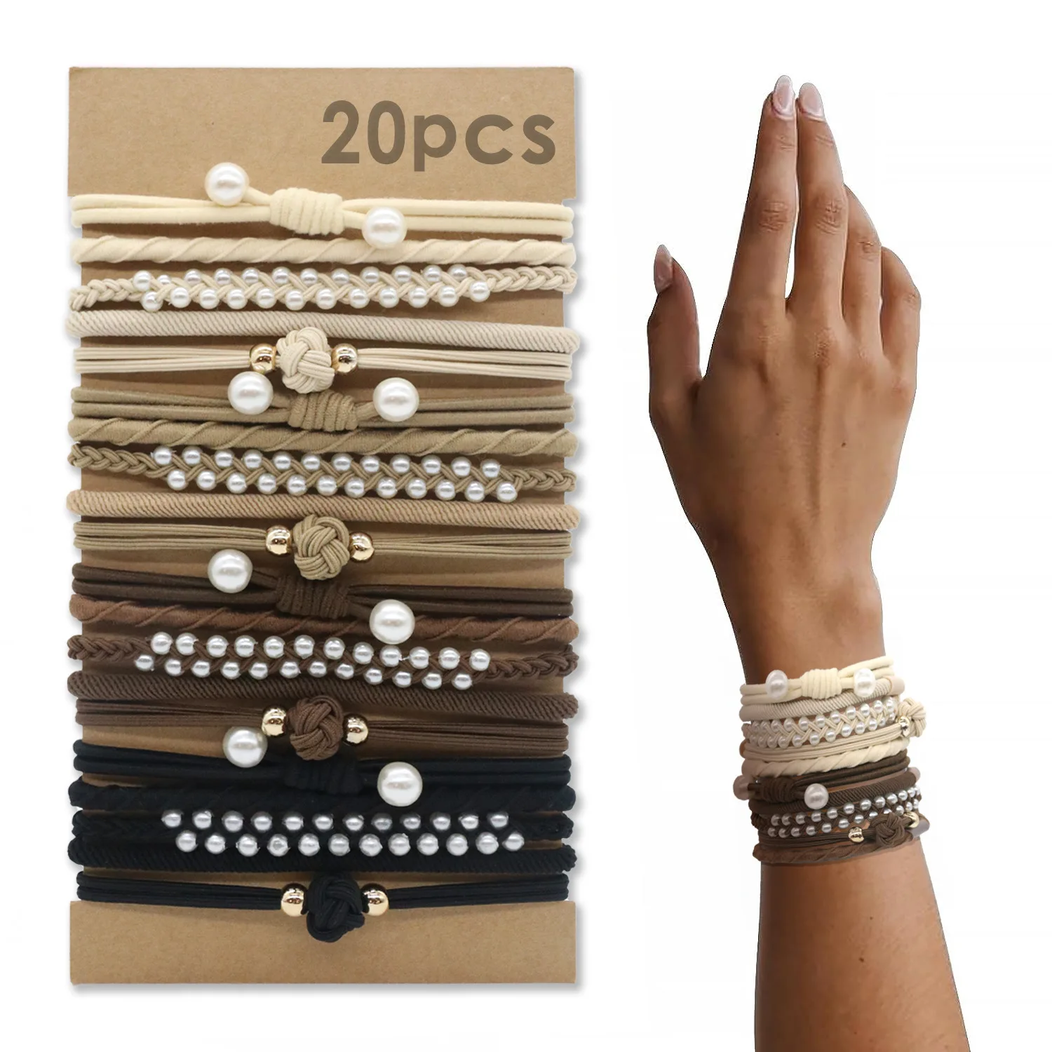 

Винтажные резинки для волос с жемчугом, 20 шт., плетеные резинки для волос, браслет 2-в-1, аксессуары для волос, разноцветные и коричневые, 2 стиля