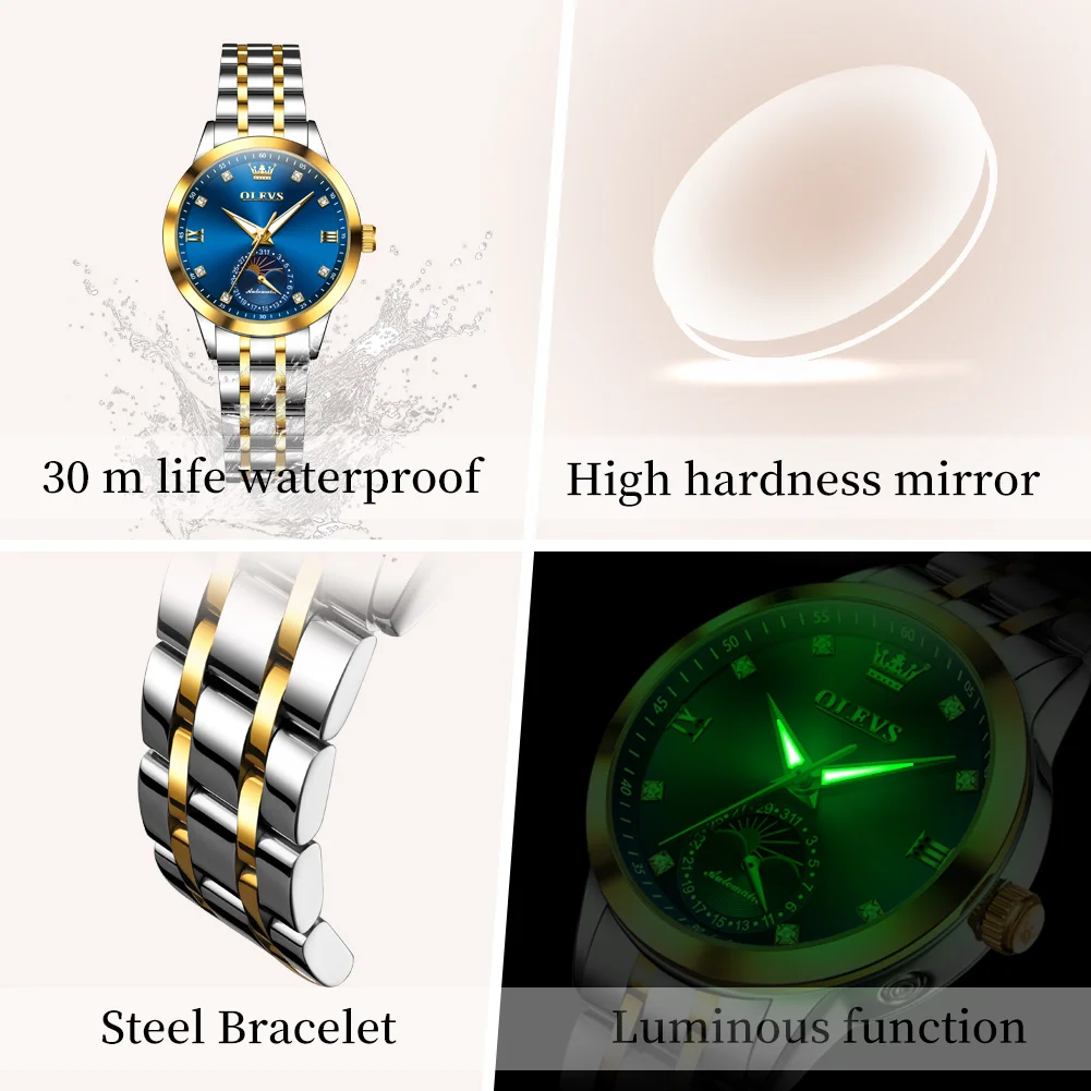 OLEVS 7041 Women's Watch Fashion Moon Phase Mechanical Watch For Women Original Calendar Waterproof Diamond Scale Wristwatch