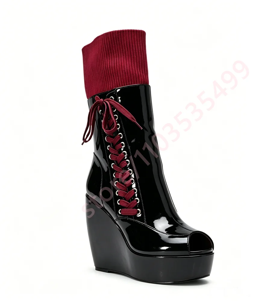 2026 New Burgundy Knit Cuff Platform Platform Wedge Ankle Boots Women Side Lace Up Patchwork Round Toe Fashion Winter Booties