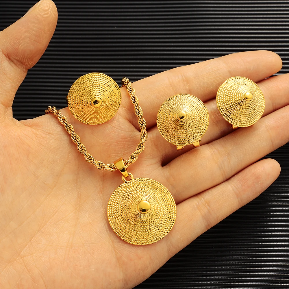 African 24k Gold Color New Fashion Necklace Ring Earring Bangle Eritrea Habesha Round Wedding Bride Jewelry Gifts