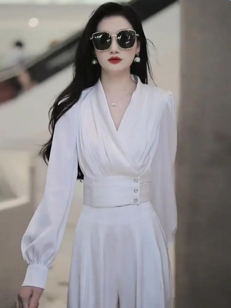 

High end fashion three button shiny face slim short shirt+wide leg pants two-piece set women's commute solid color set