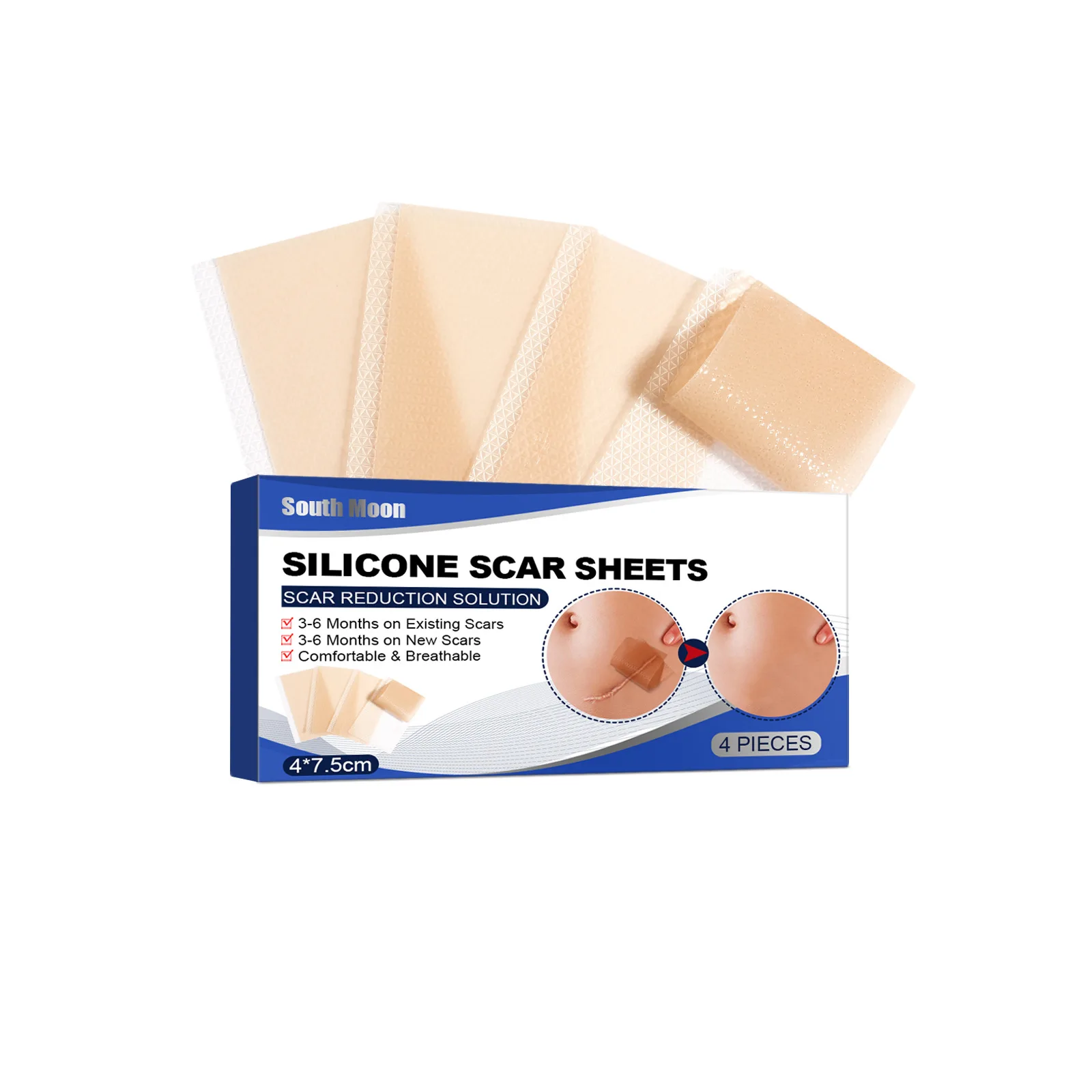 

4 Patches/Pack Silicone Scar Sheets , 4cm*15cm/4cm*7.5cm Self-Adhesive Scar Cover Tape Reusable and Effective Skin Care Strips