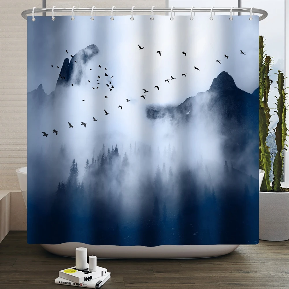 Misty Forest Shower Curtain for Bathroom Nature Mountain Tree Fog Woodland Waterproof Fabric Bathtub Shower Curtain Home Decor