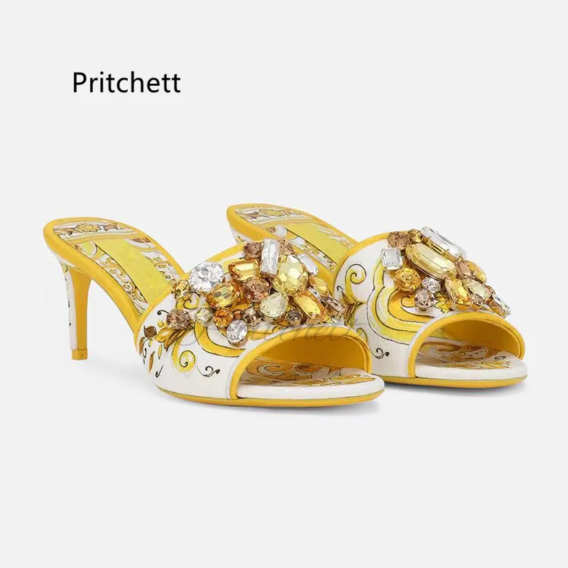 Yellow Prints Stiletto Slippers for Women Rhinestone Open Toe Summer Shoes Med Heels Bohemian Vacation Party Crystal Shoes