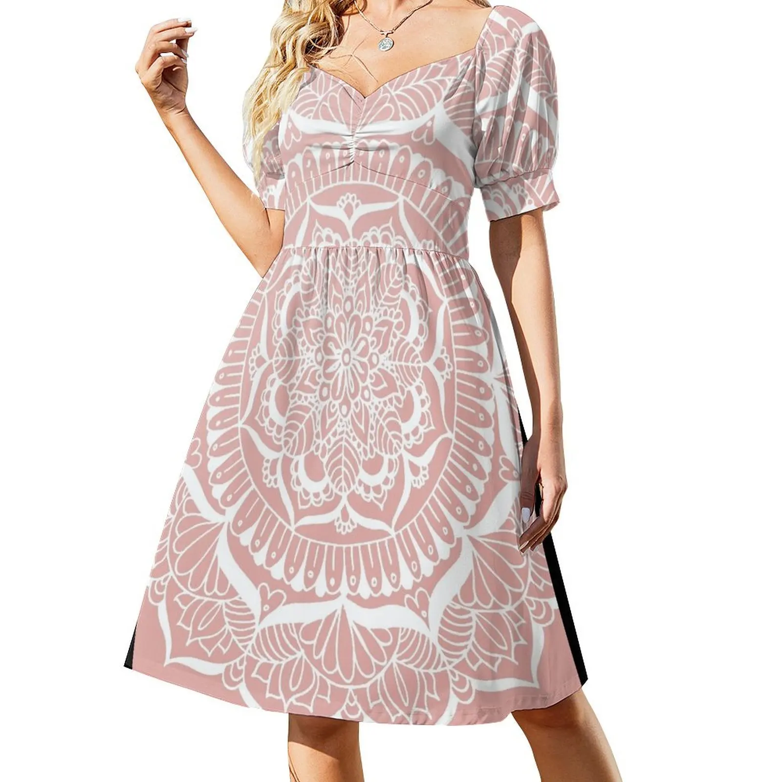 

White Flower Mandala on Rose Gold Short-Sleeved Dress loose women's dress dress korean style