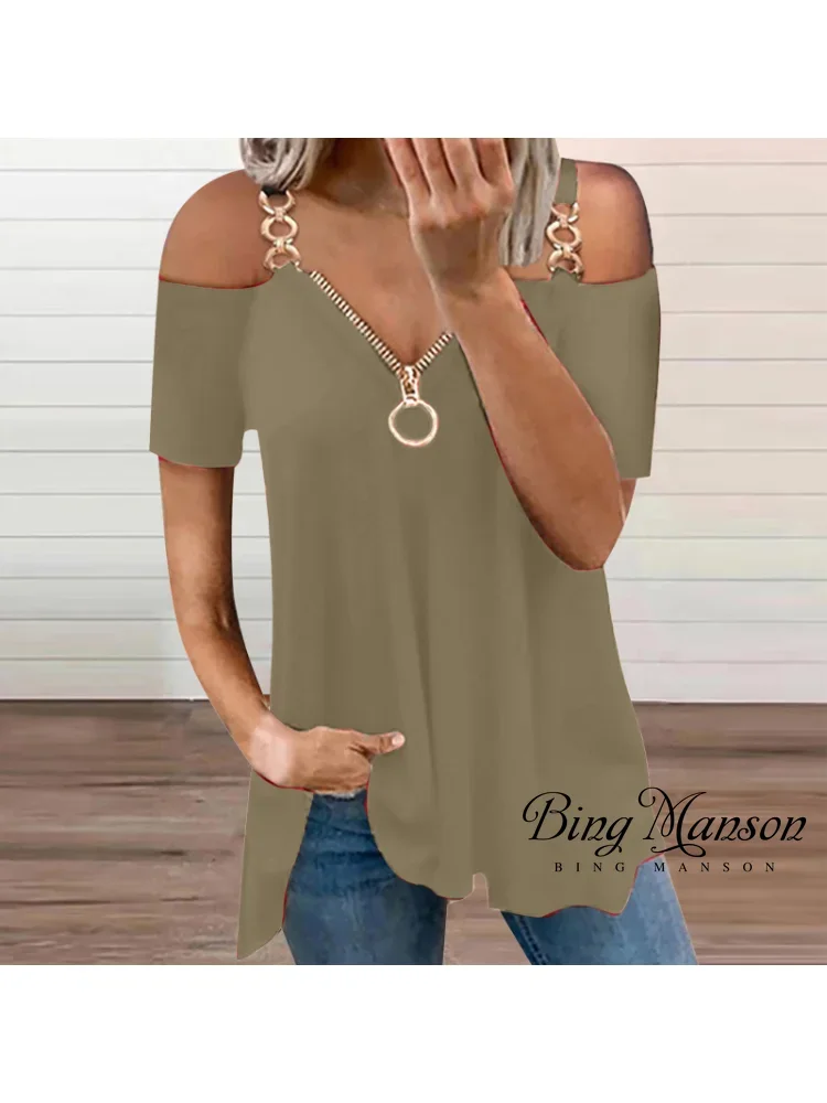 

2023 Women's Shirt Summer Strap Elegant T-shirt Fashion Black Zipper V-Neck Sexy Off Shoulder Y2k T-shirt Short Sleeve Shirt