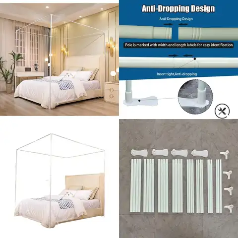 Queen Size Canopy Bed Frame with Poles and Brackets, White, for Metal or Wood Beds, Bedroom Decor