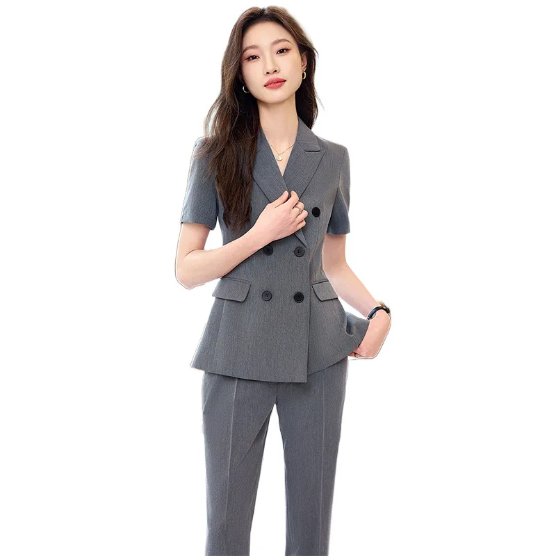 Navy Blue Suit Women's Spring and Autumn Business Wear Temperament Goddess Style Workwear Short Sleeve Suit Jacket Overalls Summ