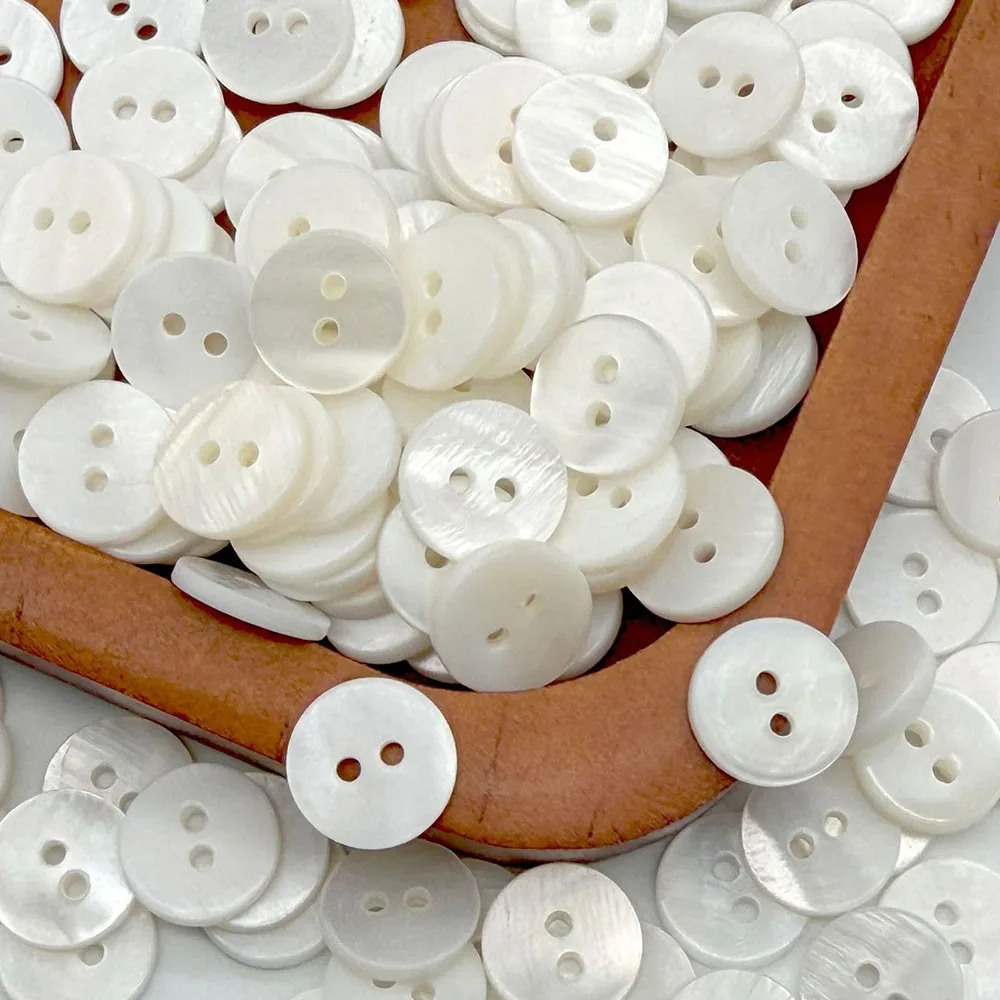 White Two-Hole Natural Shell Buttons for Shirts, Wool Sweaters and Garments 2-eye Cloth Fastener