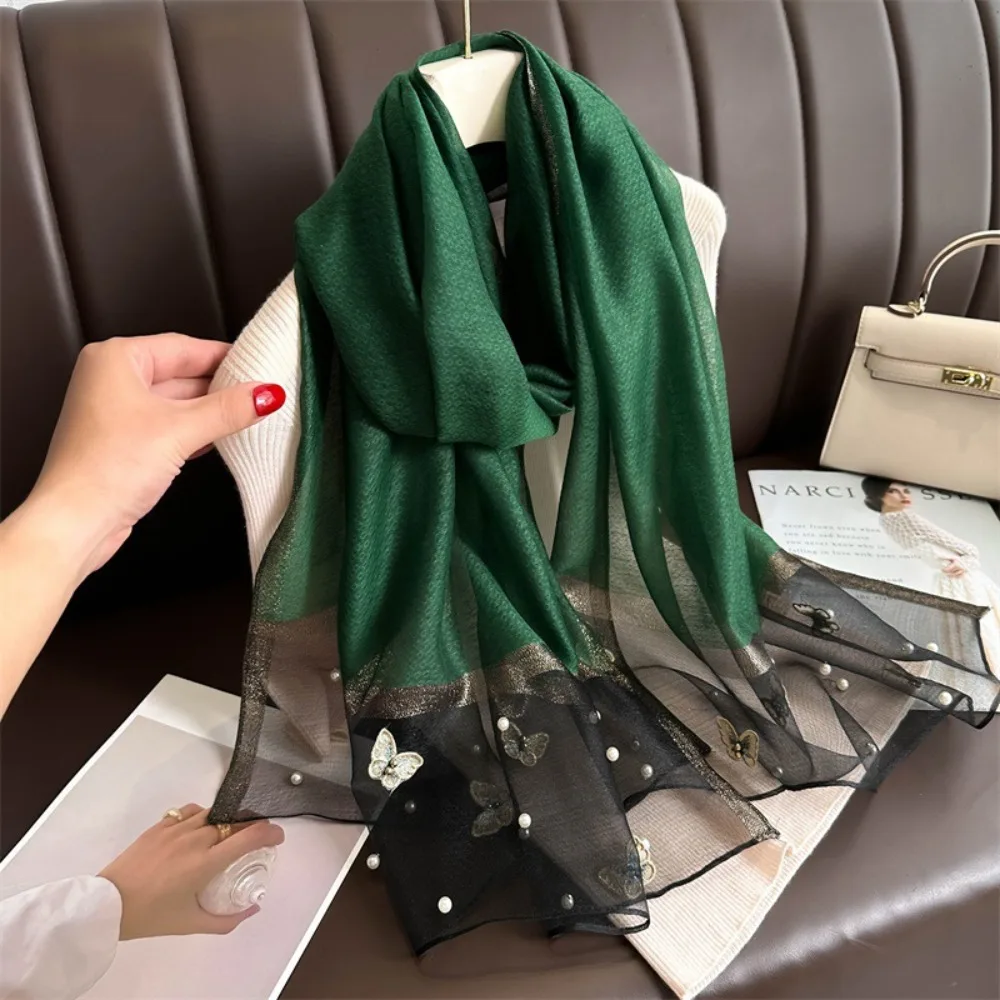 

Fashion Thin Silk Scarf Large Foulard Butterfly Embroidery Scarf Pearl Luxury Women Hijab Shawls Female
