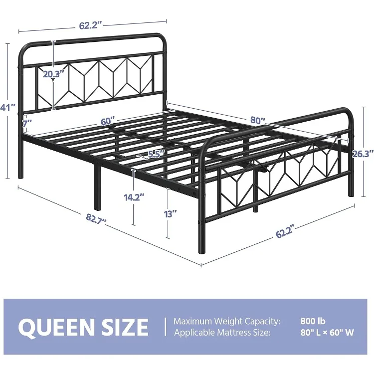 Metal Platform Bed Frame Mattress Foundation with Diamond Pattern Headboard/Footboard/Heavy Duty Steel Slat Support/Under Bed