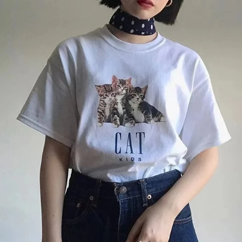 

Korean Fashion Short Sleeve Cat Lover T Shirt Kawaii Kitten Graphic Tees Harajuku Streetwear Tops Aesthetic Women's T-Shirts Y2k