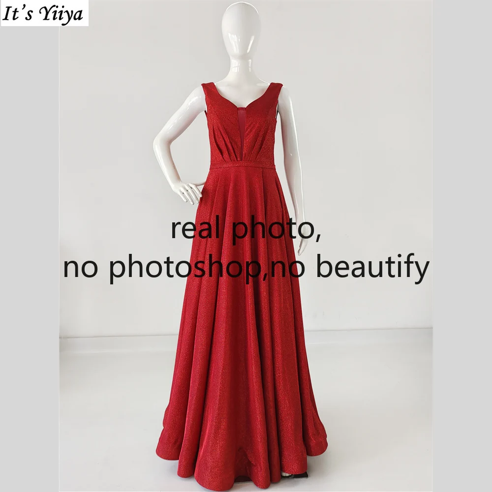 

Real Photo Evening Dresses Red V-neck Sleeveless Bling Zipper Back A-line Floor Length Plus size Women Party Formal Gowns B543