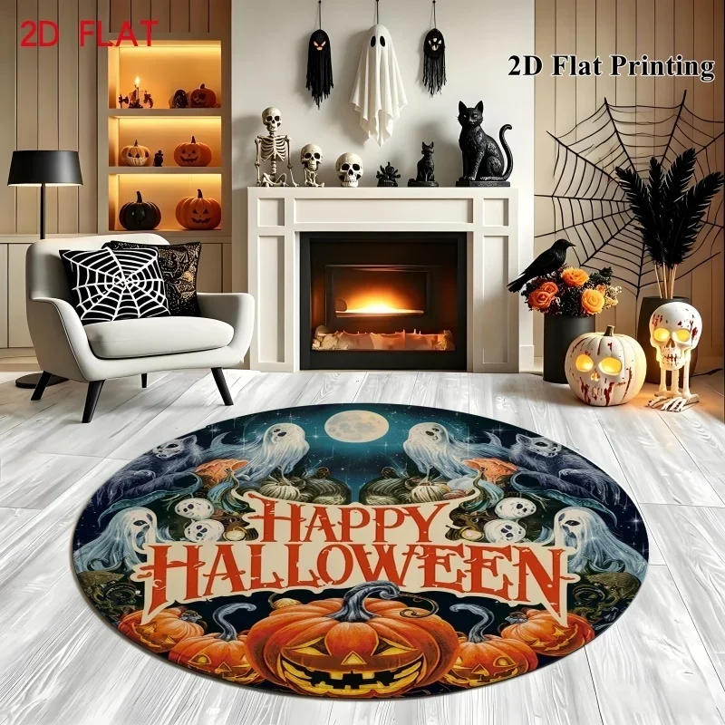 Halloween Round Rug, Ghost Pumpkin Moon Printed Floor Mat, Home Living Room Bedroom Decorative Carpet