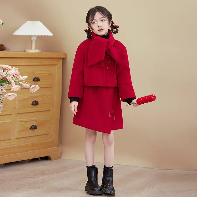 

Girls Red Suits Children 2024 New Autumn Winter Collection Simple Casual Coat Skirt Two-piece Set Clothes Korean Simple Style