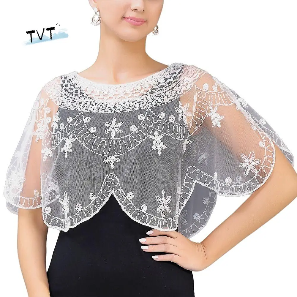 

Elegant Mesh Lace Shoulder Yarn Embroidery Flower Sequins Wedding Scarves Shawl Transparent Dress Decor Evening Capes Bridal