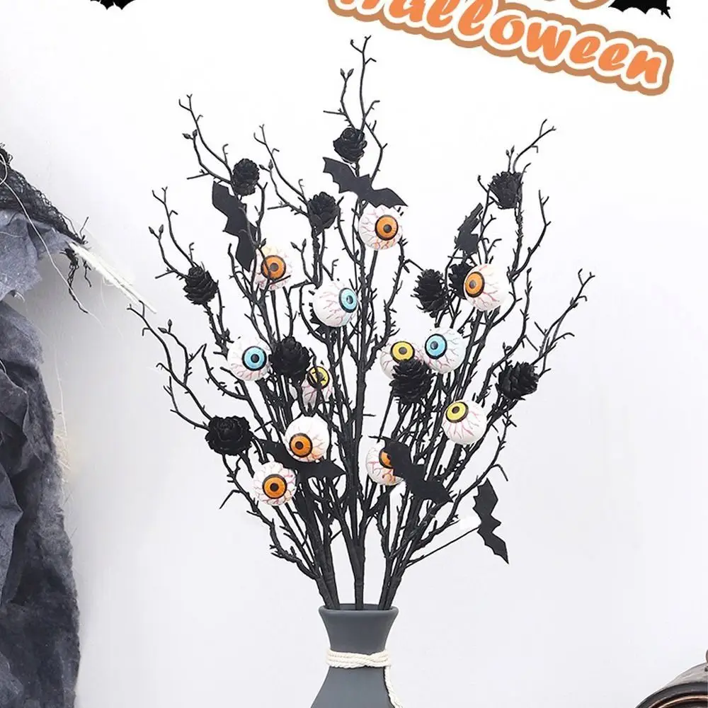 

50cm Halloween Maple Bat Bouquet Black Spooky Artificial Eyeball Twig Branch Realistic Plastic Fake Plants Happy Halloween Decor