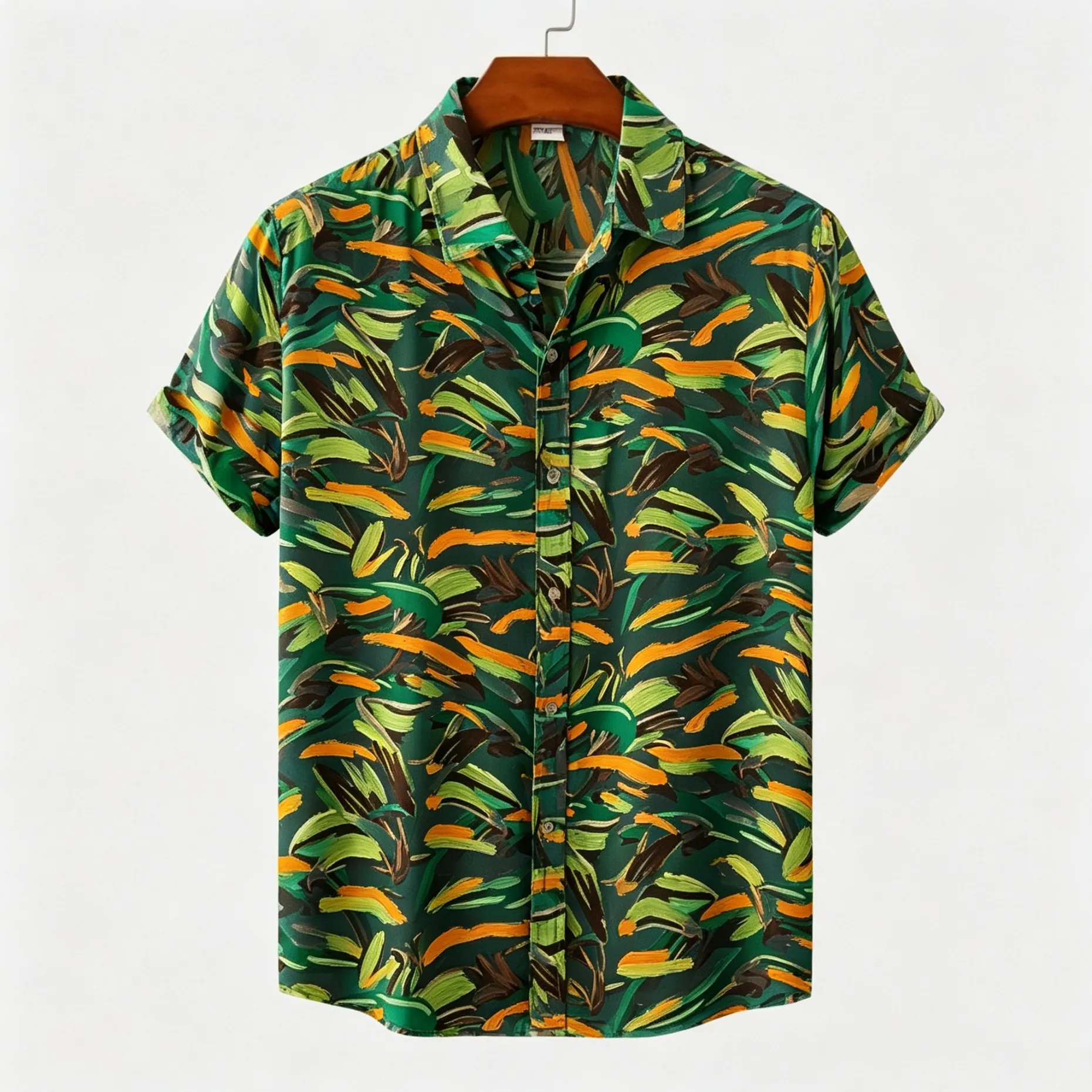 

Men's Spring Summer Lapel Shirt, Green Abstract Tropical Leaf Print Casual Tops for Daily Vacation Beach Outfit