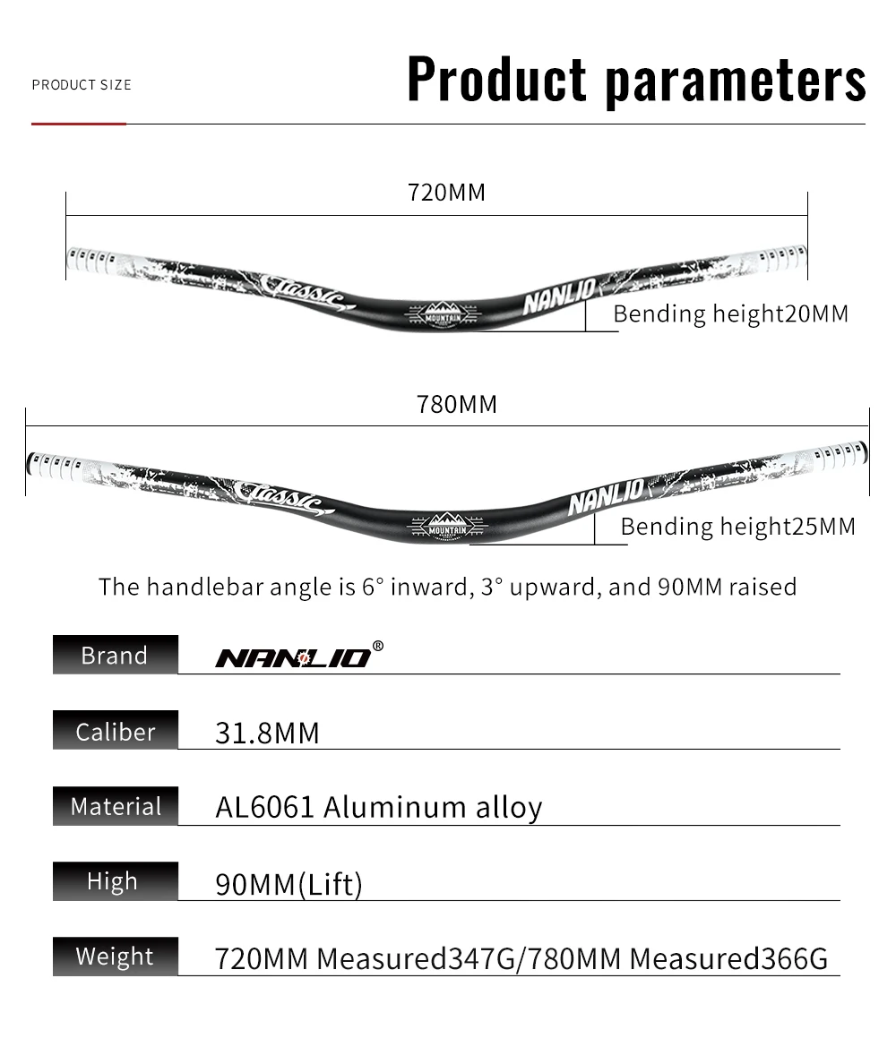Nanlio Bunter 31,8 mm MTB-Riser-Lenker – 720/780 mm große Schwalbenstange, leichte Aluminiumlegierung für Mountainbikes und Rennräder – Detail 4