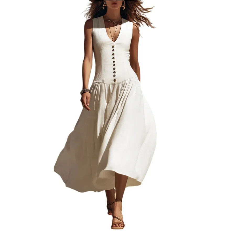 

Women's Sleeveless Midi Dress - V-Neck Button-Front Flowy A-Line Skirt Summer Casual Daily Date Wear