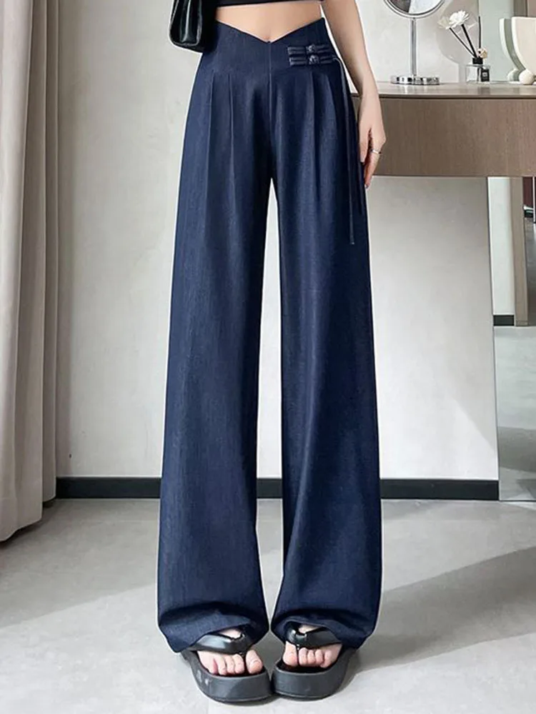 Chic Design High Waist Baggy Straight Pants Women Casual Ice Slik Solid Pantalones Spring Fall Senior Wide Leg Loose Spodnie New