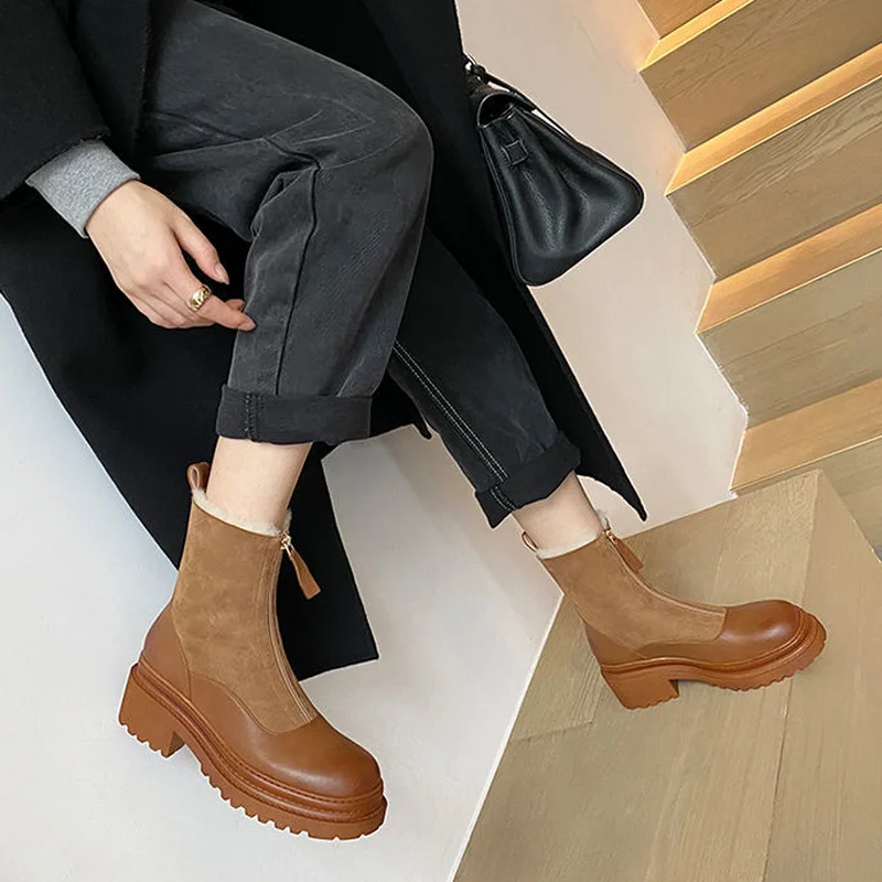 2023 Women Snow Boots ,Fashion Front Zip Plush Winter Shoe Short Botas Thick Sole Round Toe Back Zip Black Brown Dropship New
