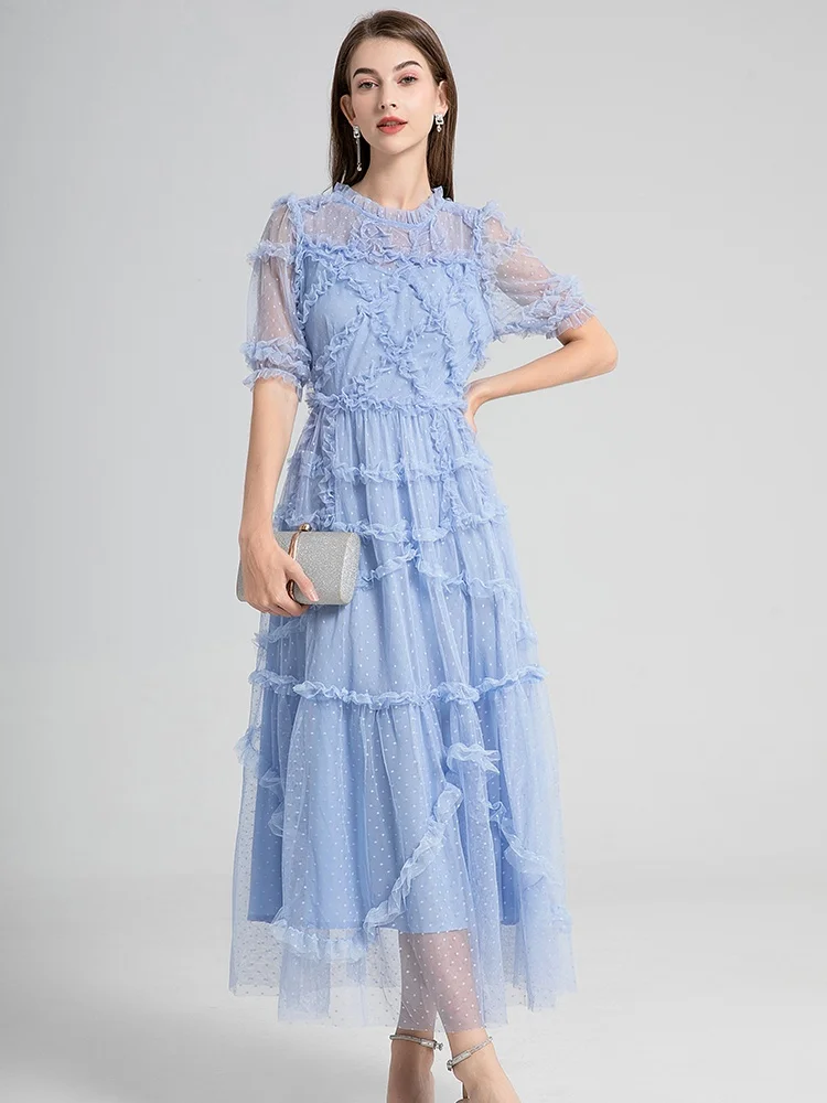 Long Summer Cake Prom Dress Women\'s Elegant Dot Robe Luxury Ruffles Gauze Mesh Embroidery Edible Tree Fungus Wedding Vestido
