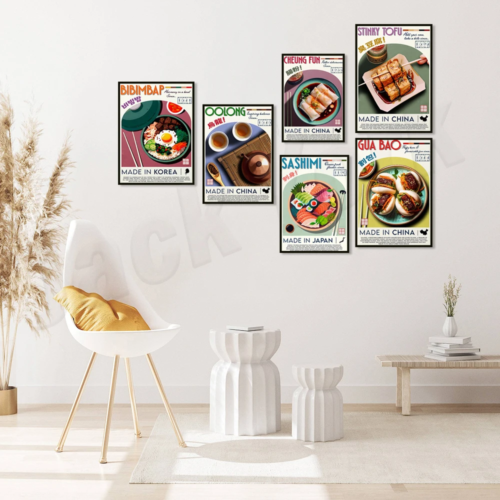 Chinese wontons, Peking duck, stinky tofu, oolong tea, Japanese sushi dumplings, Thai Tom Yum Goong, Korean bibimbap food poster