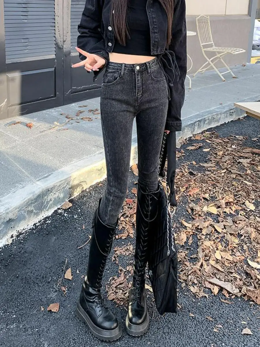 

Женские джинсы с эластичной резинкой и высокой талией, весенняя новинка, корейская версия, облегающие брюки-карандаш с девятью точками, брюки до щиколотки с манжетами