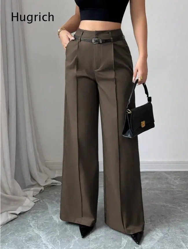 Minimalist Solid Pants High Rise Double Front Pleats Belt Included Side Pocket Smooth Fabric Office Wear Bottoms