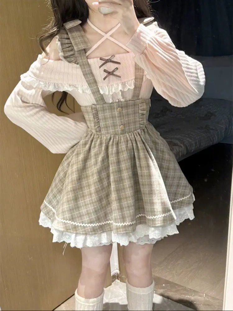 

Design Japanese Sweet Kawaii 2-piece Set Women Fashion Spring Plaid Bow Lace Patchwork Suit Female Elegant Warm Slim Outfits