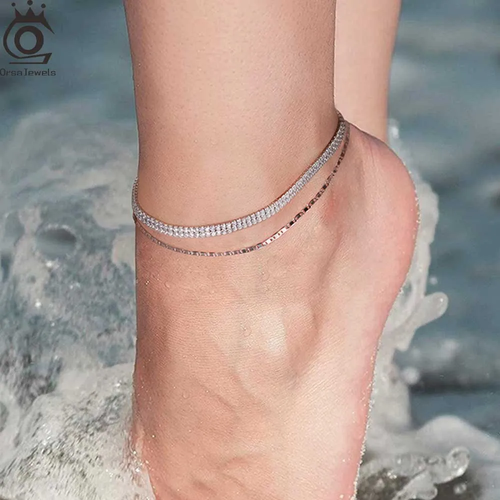 

ORSA JEWELS Сверкающая цепочка с кубическим цирконием, браслет для девочек, стерлинговое серебро 925 пробы, браслет на щиколотке с фианитом, сандалии для босиком, украшения для ног SA20