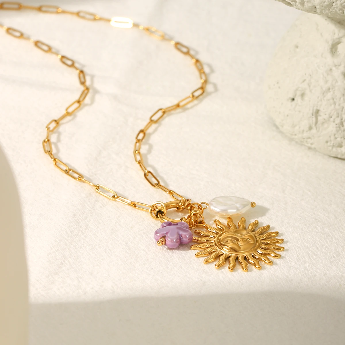

Sun Pearl Pendant Necklace Gold Plated Stainless Steel Chain Vintage Women Waterproof Tarnish Resistant Daily Beach Vacation