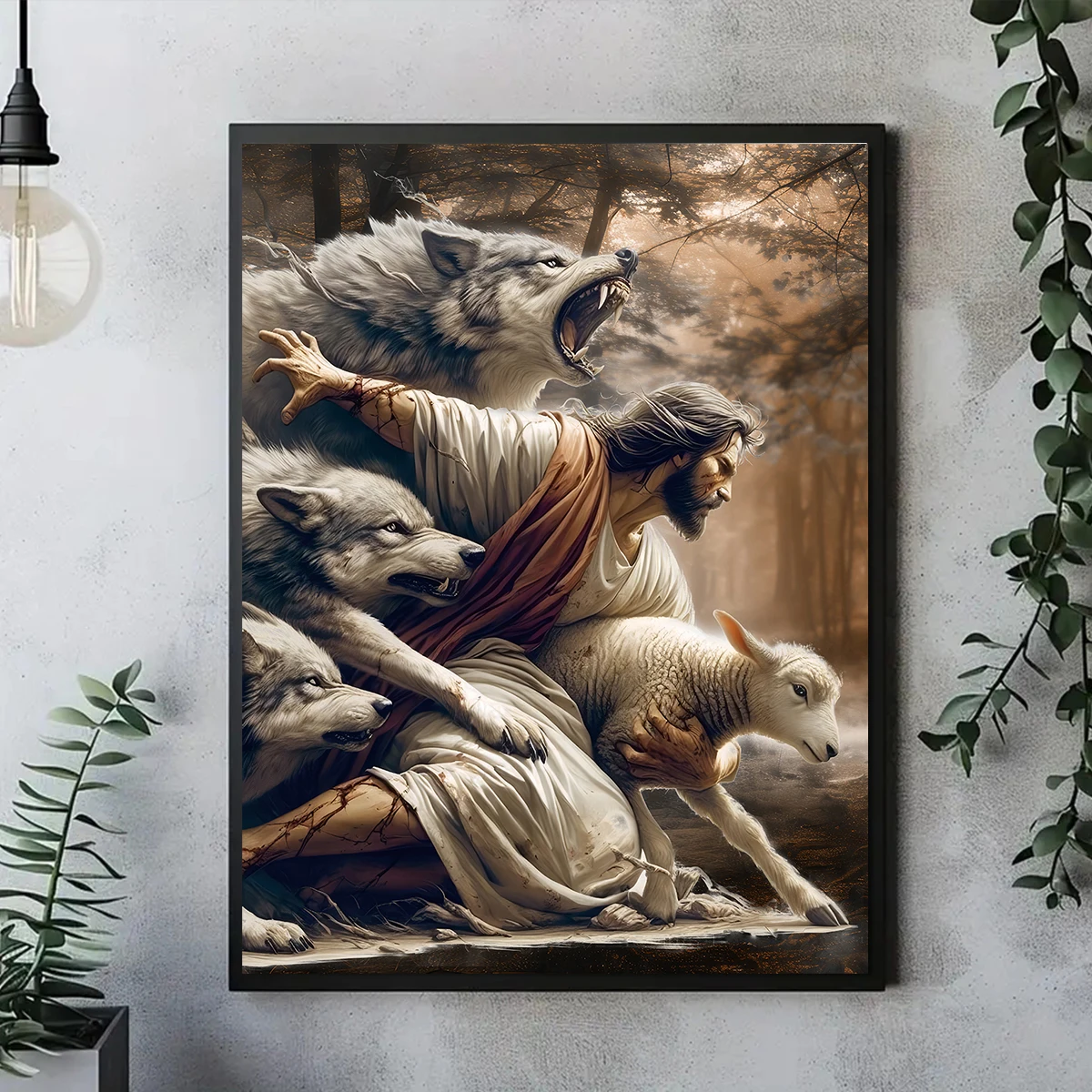 Jesus Christus schützen Flock Leinwanddruck Poster Vintage Wolf Schaf Kunstdrucke Wohnzimmer Schlafzimmer Wand Kunst Home Decor Poster
