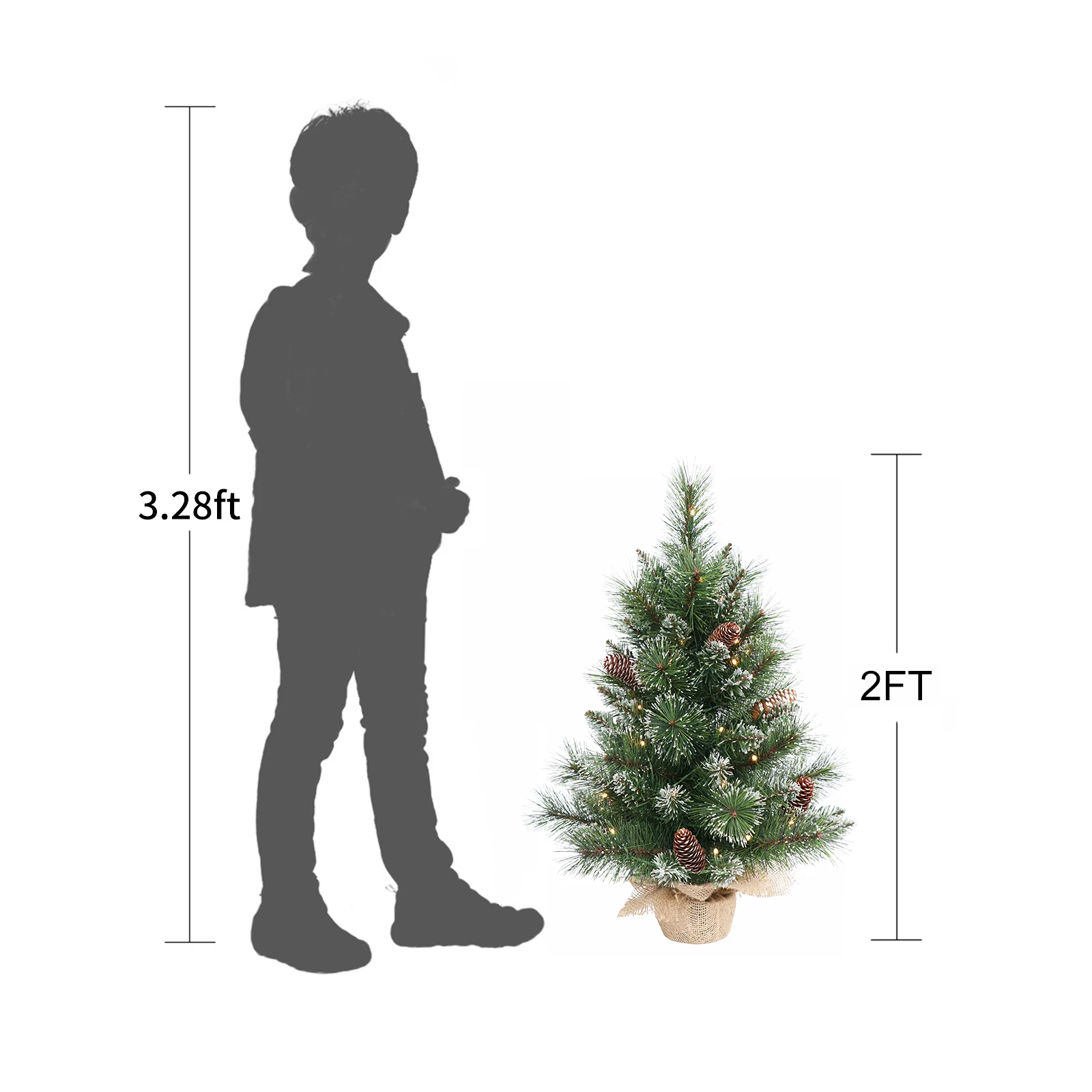 2ft/60cm Simulated Christmas Tree With LED Light String Green Pine Needles And PVC Mixed Leaves, Xmas Tree With Pine Cones