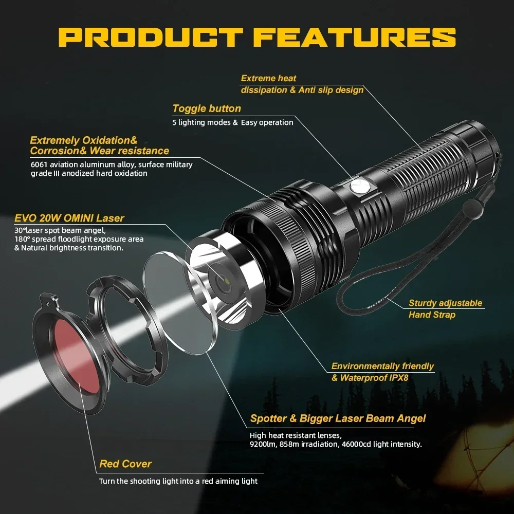 YYHCIP68 High-end White Laser LEP Tactical Flashlight Laser 9200Lm Rechargeable Battery