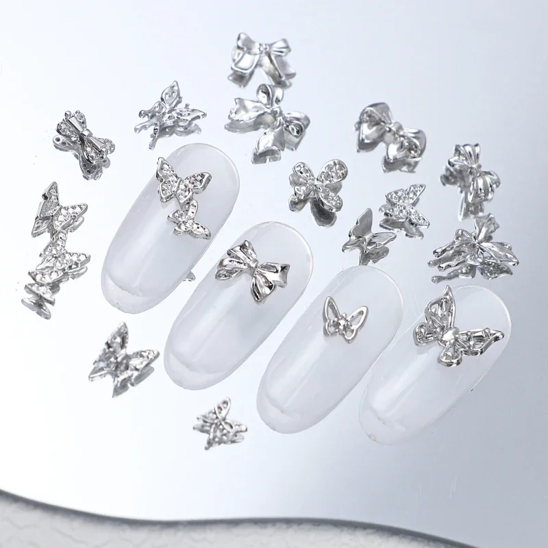 10pcs/bag Silver Metal Bows Nail Art Charm 3D Alloy Accesorios Silver Nail Decoration Parts DIY Punk Manicure Design Butterfly