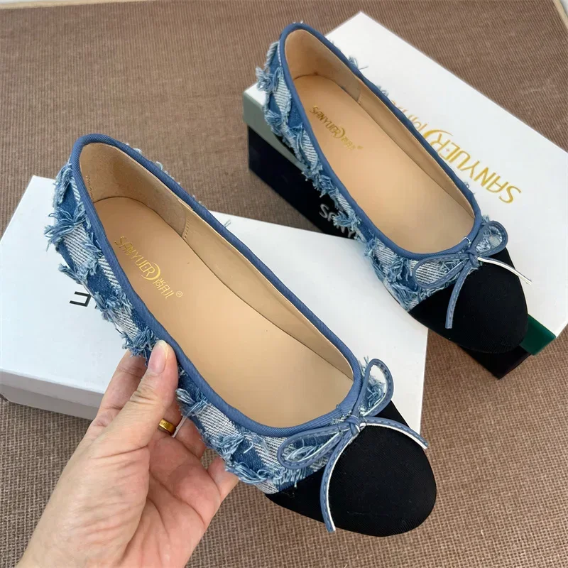 2023 Spring and Autumn New Fashion Bow Splice Shallow Mouth Round Head Flat Bottom Ballet Shoes Comfortable Casual Women's Shoes