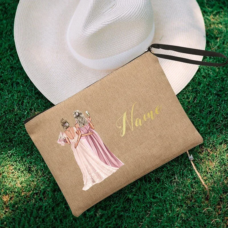 Bolsa de lona de maquillaje de boda personalizada, bolso elegante para damas, bolsa de lápiz labial cosmético, dama de honor, regalo de despedida de