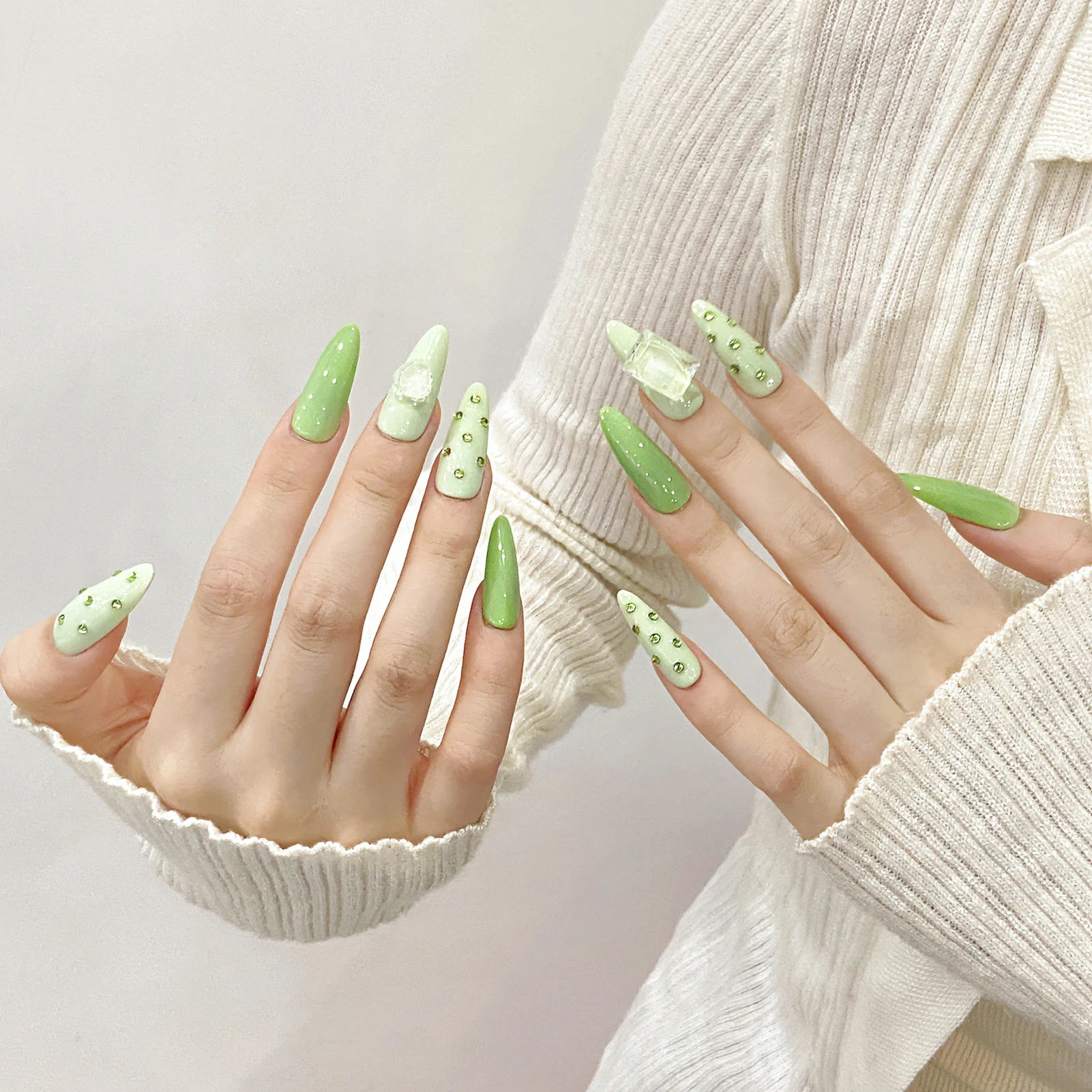 Glossy Green Long Almond Press on Nails Durable & Never Splitting Comfort Fake Nails for Stage Performance Wear